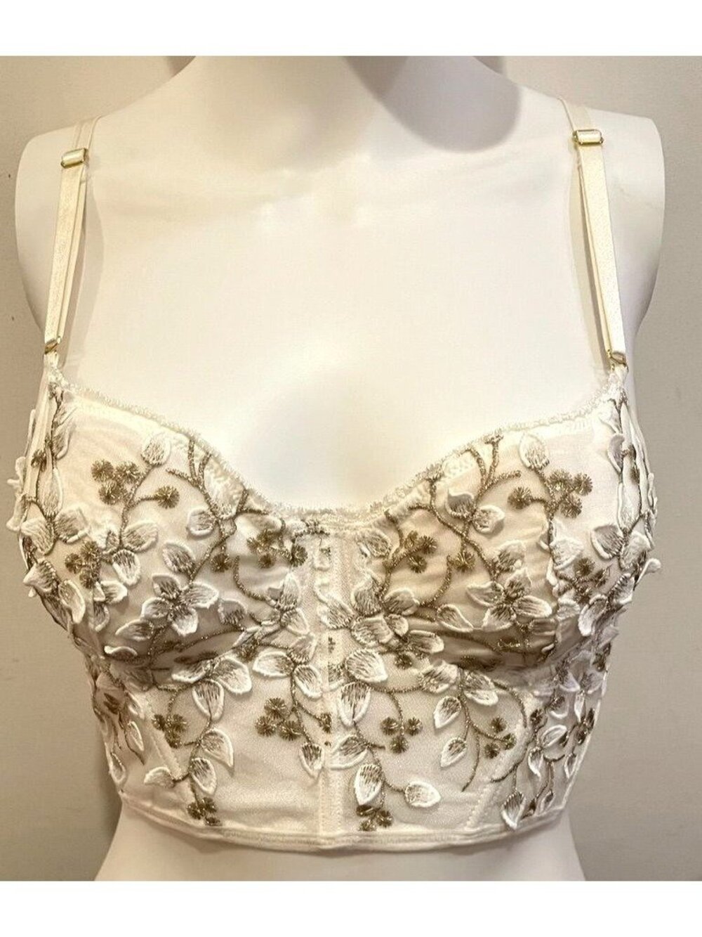 Y2K cream/gold Corset/Crop Top w/ 3D floral embroidery,  L